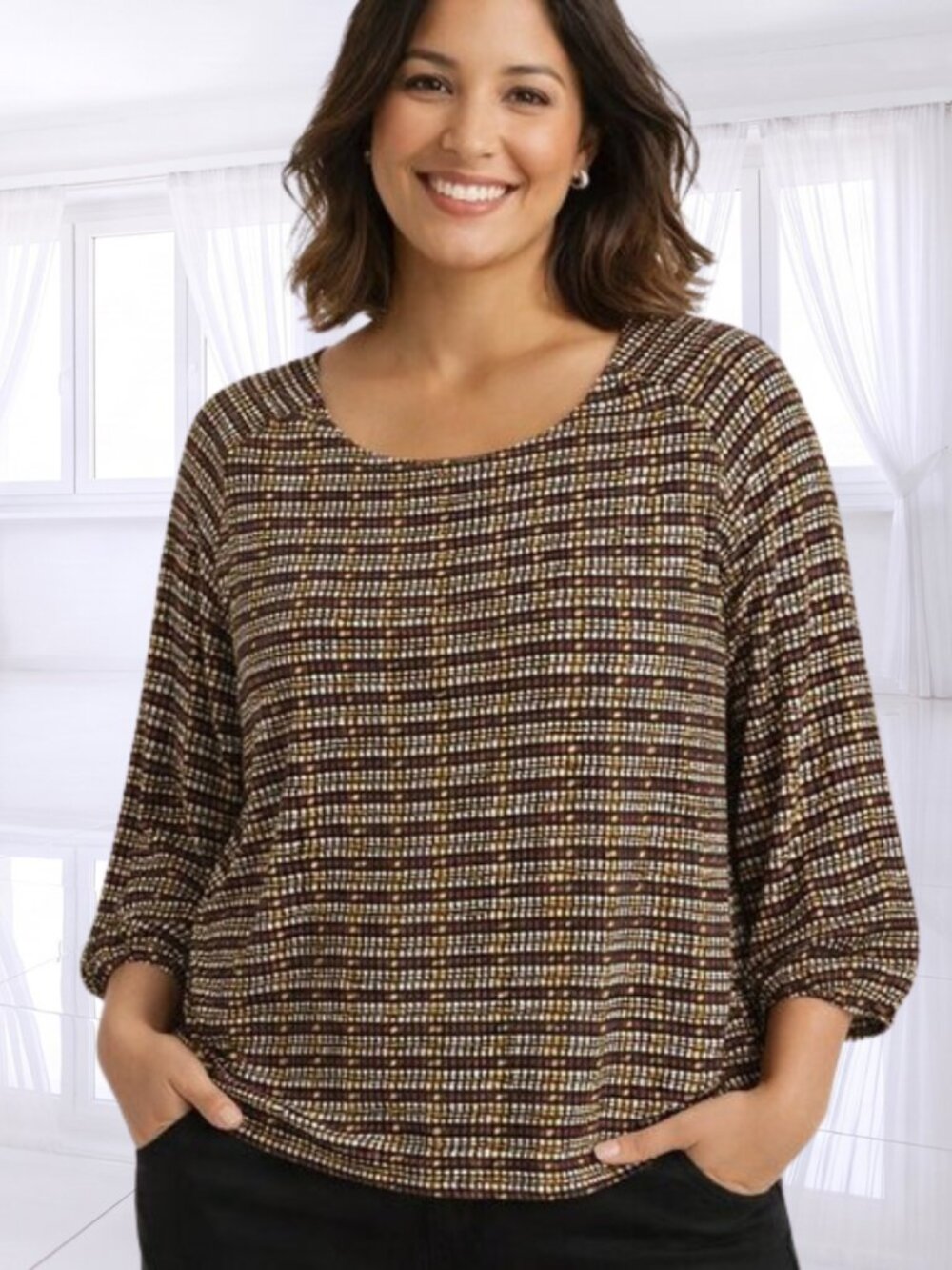 Adrianna Papell Geometric Print Blouse Large | Retro Modern Stretch Top Abstract
